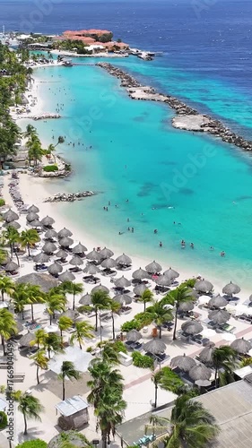Mambo Beach At Willemstad Netherlands Curacao. Aerial View Of Stunning Beach With Crystal Clear Waters. Paradise Landscape Idyllic Amazing. Summertime Idyllic Coast. Willemstad Netherlands.