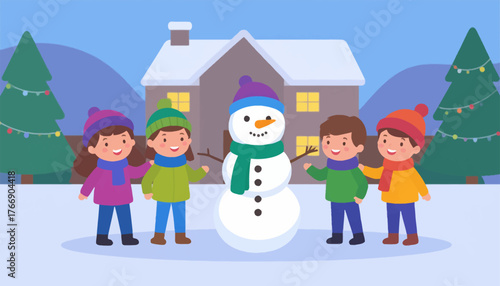 Kids enjoying winter with a snowman in a snowy backyard. Children celebrating Christmas with a snowman and colorful scarves. Winter fun with kids building a snowman in a snowy landscape