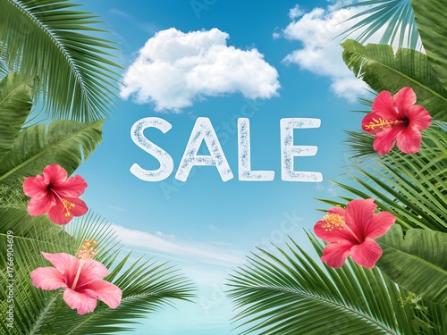 Tropical summer sale with hibiscus flowers and palm leaves