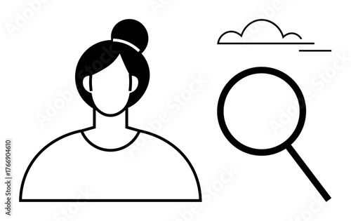 Female avatar with hair bun, a large magnifying glass, and a simple cloud design. Ideal for research, focus, observation, profile, identity exploration investigation themes. Minimalist flat