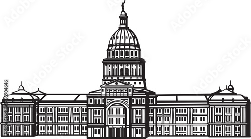 Texas State Capitol Hand drawn vector illustration. Black and white graphics on a white background