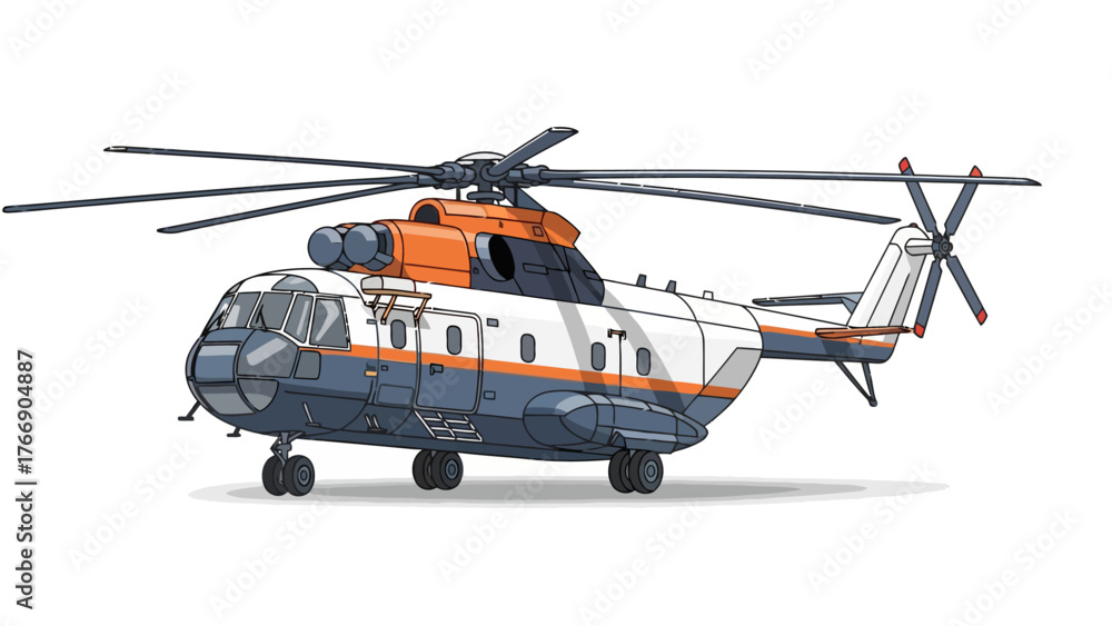 Fototapeta premium Flat vector illustration of an industrial transport helicopter, isolated on a white background.
