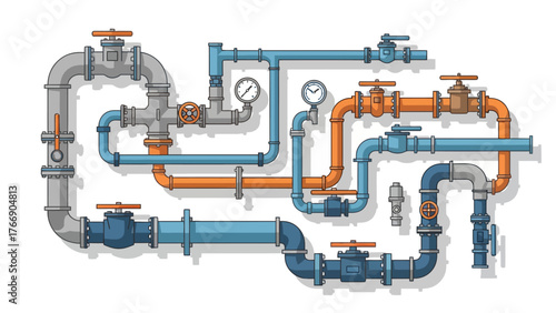 Flat vector illustration of an industrial plumbing pipe network layout, isolated on a white background.