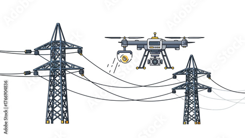 Flat vector of an industrial drone inspecting power lines, isolated on a pure white background.