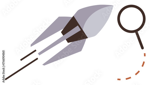 Rocket propelling forward toward a magnifying glass with dashed trajectory, symbolizing innovation, exploration, discovery, research, business growth, analytics, and scientific advancement. Simple