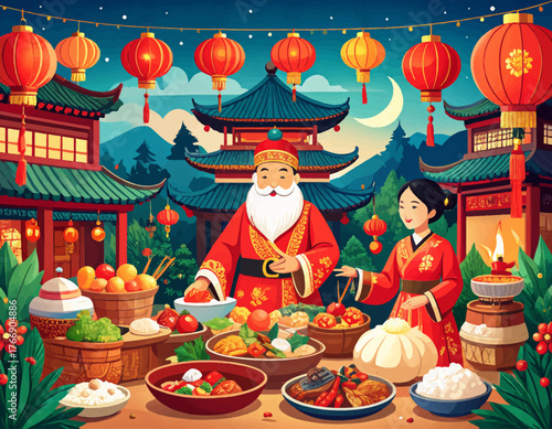 Santa and woman celebrate Chinese New Year with festive dishes. Santa shares a joyous Chinese New Year feast with a friend. Chinese New Year celebration with Santa and traditional foods