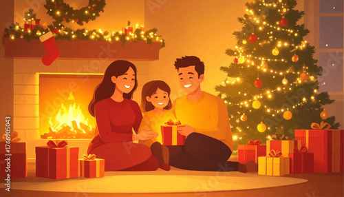 Family enjoying Christmas gift exchange by the tree. Holiday smiles with family exchanging presents by the fire. Merry Christmas moments with family and gifts around the tree