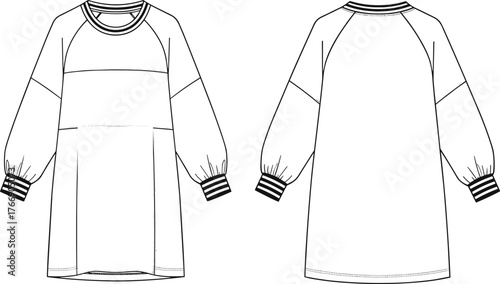 Long sleeve tunic vector, front and back view, raglan sleeve dress sketch, crew neck, loose fit, fashion illustration, garment template
