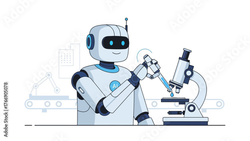 Vector illustration of an AI-powered robot analyzing a microscope sample in a lab, isolated on a white background.