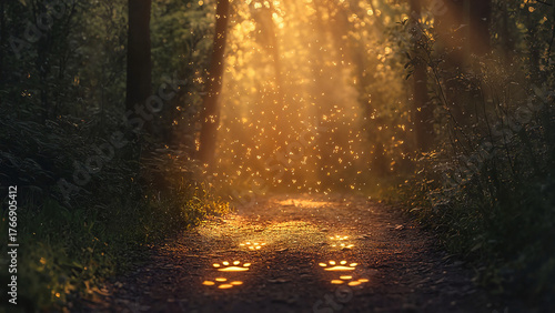 Paw prints illuminated by golden light in a forest representing life after death, funeral service websites, memorial brochures, awareness campaigns, sympathy visuals,