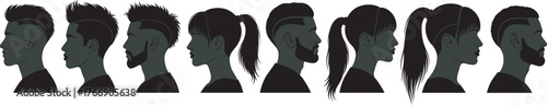 Silhouettes of modern hairstyles, male and female profiles, black illustration, edgy grooming styles, side view, character design, identity, fashion, minimal