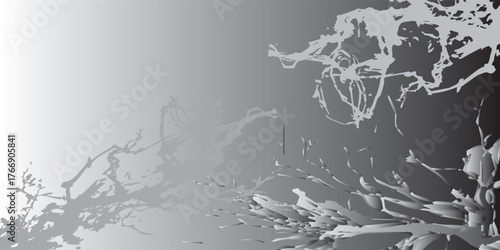 Abstract grayscale artwork featuring fragmented branching forms resembling stylized trees or plants with textured surfaces and sharp edges.