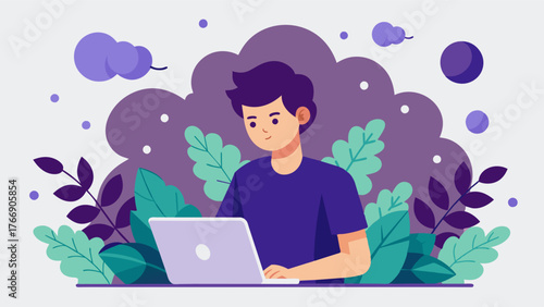 A young man works on his laptop while surrounded by gvines the fragrant scent of ripe gs filling the air.. Vector illustration