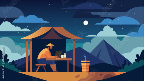 A storm rolled in but the nomad continued to work on the covered terrace enjoying the cool mist and dramatic dark sky.. Vector illustration