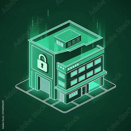 Isometric illustration of a secure data center with a padlock for data protection