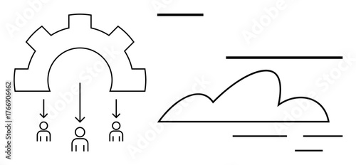 Gear mechanism connects three individuals through arrows, paired with a cloud symbol. Ideal for teamwork, IT systems, cloud computing, collaboration, digital workflows, data sharing, simple flat