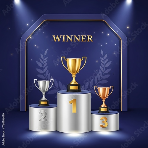 Trophies and medals on a podium representing first, second, and third place winners