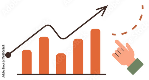 Orange bar chart with upward arrow, hand pointing to upward trend. Ideal for success, progress, business growth, data analysis, leadership, decision-making innovation. Simple flat metaphor