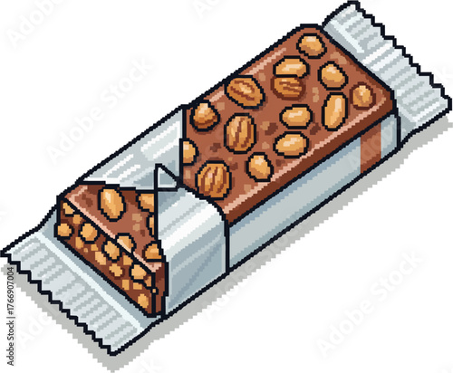 Pixel art illustration of a partially unwrapped chocolate granola bar with peanuts on top, still in its silver wrapper.