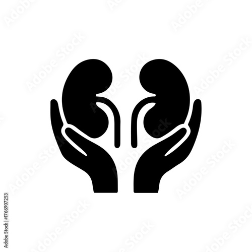 Two human kidneys supported by open hands symbolizing health care and organ donation isolated on transparent background