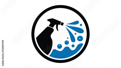 Cleaning spray bottle spraying blue liquid and bubbles inside a circle logo