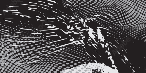 Abstract Black and White Halftone Pattern with Irregular Shapes and Lines.