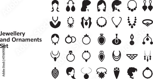 Elegant lady jewellery and ornaments icon bundle set black silhouette art clean background