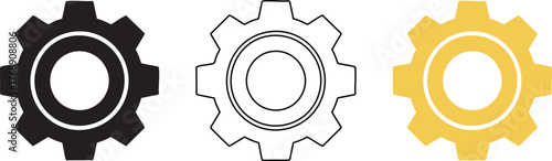 Three stylized gear icons in black white and gold showcasing industrial design and mechanical concepts