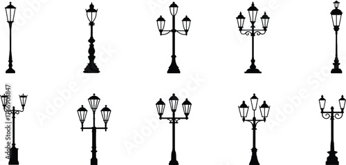 Vintage street lamp silhouettes, classic urban lighting design, retro lantern shapes, decorative outdoor fixtures, historical city elements, black vector icons, elegant architecture
