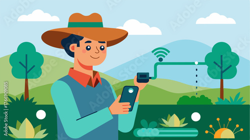 A farmer using a remote control to turn on and off irrigation systems based on realtime tracking of water usage.. Vector illustration