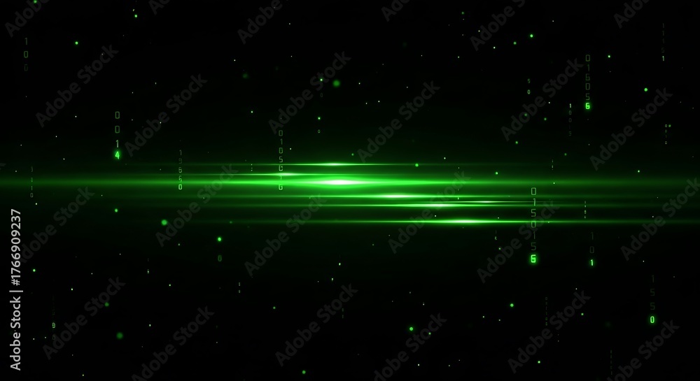 Obraz premium Green light streaks across a black background with small glowing particles