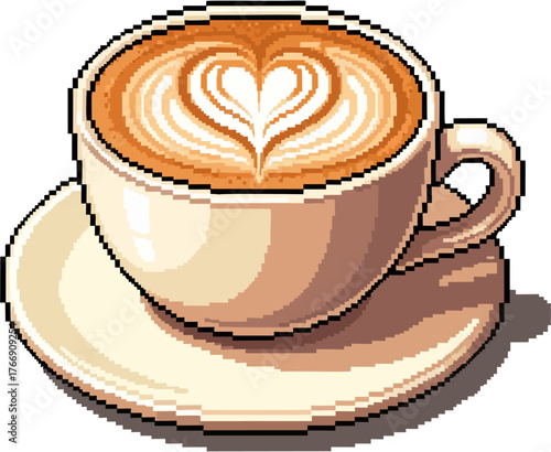 Pixelated artwork depicting a cup of coffee with latte art, resting on a saucer.