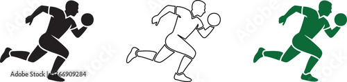 Three stylized silhouettes of a football player running with a ball in three different colors and styles