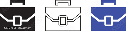 Three stylized icons of a briefcase in black white and blue on a white background