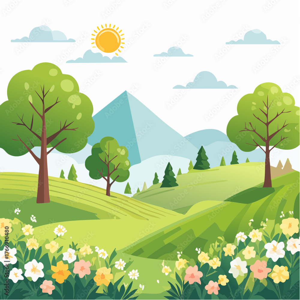 Fototapeta premium spring landscape with trees in the foreground and green hills covered by blooming flowers