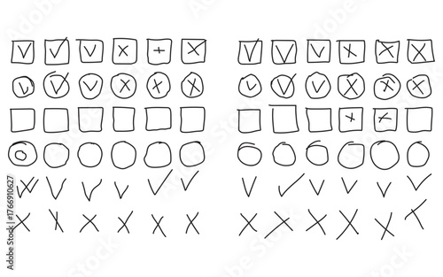 Hand Drawn Check Marks Crosses and Symbols on White Background Representing Selection and Choice with Various Shapes and Styles