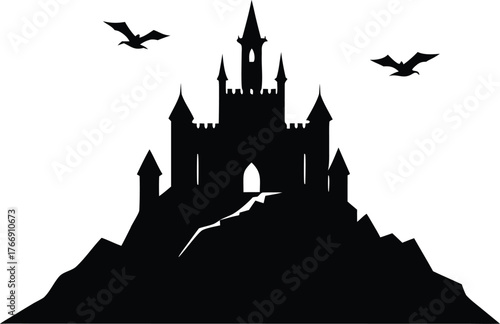 Medieval hilltop castle silhouette with tall towers and flying birds