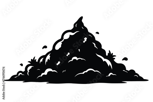 An abstract black silhouette shows a shapeless pile with jagged edges and debris