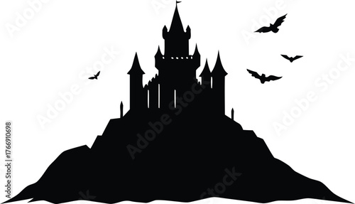 Medieval hilltop castle silhouette with tall towers and flying birds