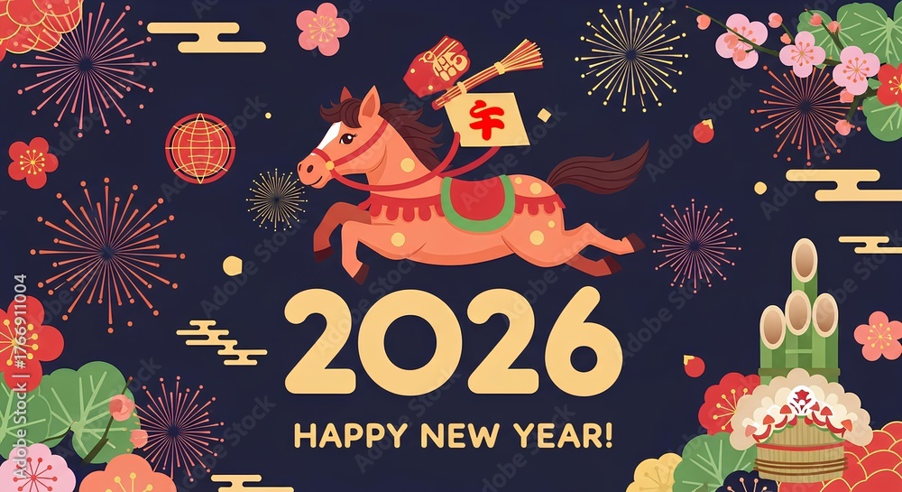 Fototapeta premium 走るかわいい茶色の馬(午)のキャラクター 2026年年賀状
