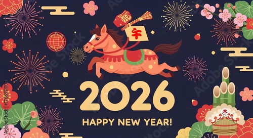 走るかわいい茶色の馬（午）のキャラクター 2026年年賀状