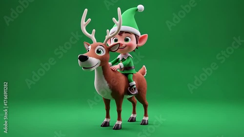Animated elf riding a cheerful reindeer with green festive background in a cartoon style