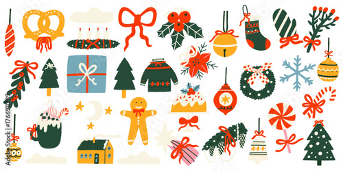 Cute Winter Ornament Icon Set. Holiday Decoration Graphic Sticker Element. Flat Vector Illustration 