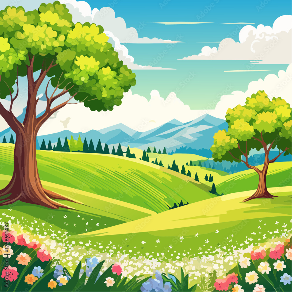 Fototapeta premium spring landscape with trees in the foreground and green hills covered by blooming flowers