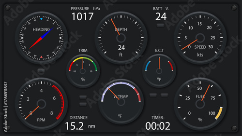 Marine dashboard with analog and digital indicators. Yacht control panel showing speed, RPM, and navigation data.