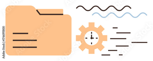 Large folder, gear with clock, and linear design details representing data organization, task management, automation, and productivity improvement. Ideal for workflow, software, time organization