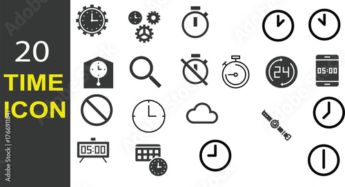 28 Essential Time Management Icons: Line Art Clock, Schedule, and Hourglass Vector Graphics