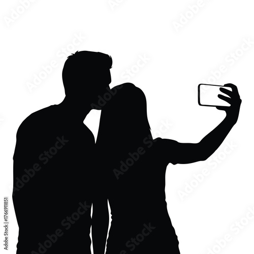 silhouette of a man and a woman taking a selfie using a smartphone