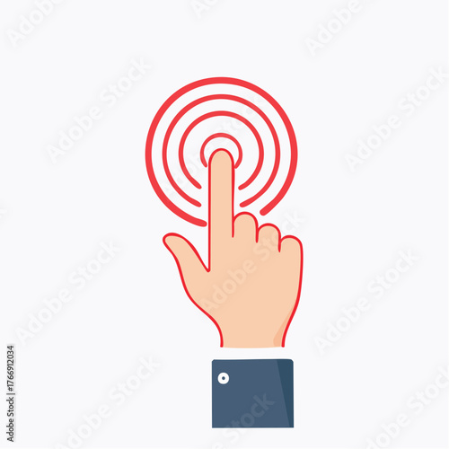 Hand pressing button vector icon in red outline on white background