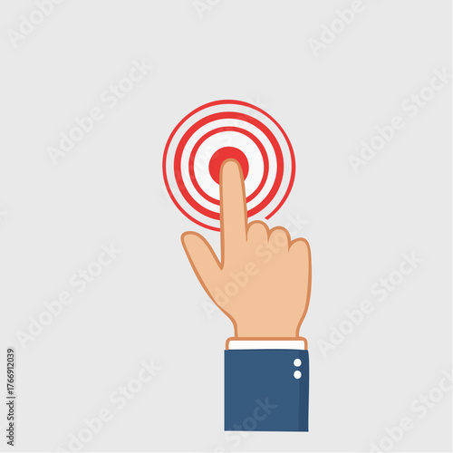 Hand pressing button vector icon in red outline on white background